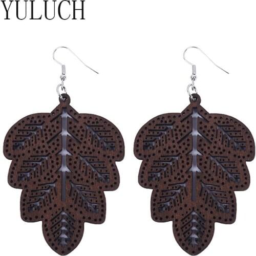 YULUCH Girl leaf shape natural wood earrings 6pairs girl simple retro art pendant jewelry wooden earring for woman