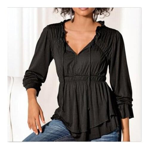 Womens Casual tee shirt 3/4 Sleeve V-Neck Double Layer Hem ruffles solid color slim T-Shirt Fall Tops ladies tshirt