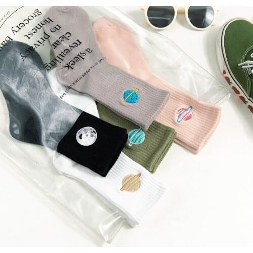 Womens Autumn And Winter Tube Socks Embroidery Cartoon Planet Japanese Casual Fashion Cotton Socks Zhuji Socks Wholesale Factor