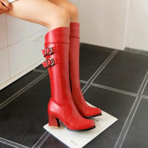 Women Belt Buckle Boots Square Heels Round Toe Knee-High Boots Woman Shoes Winter Botas White Red Chaussure Femmes Bottes 36 37