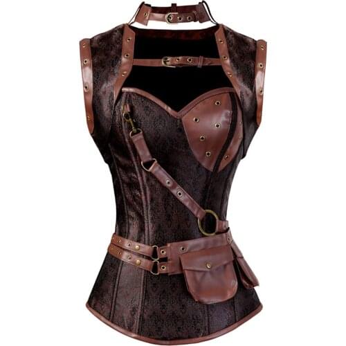 Womens Steampunk Spiral Steel Boned Vintage Retro Corset Bustier Pu Leather Overbust Corselet Pirate Tops with Pocket