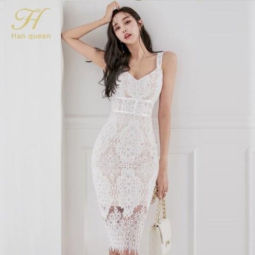 H Han Queen Halter Strapless Summer Sheath Hollow out Lace Pencil Dress V Collar Sleeveless Vintage Sexy Club Party Dresses