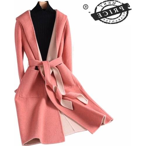 Winter Coat Autumn Female a0% Wool Long Casaco Feminino Pink Cashmere Jacket Hooded Slim Fit Alpaca Coat + Belt LW1126