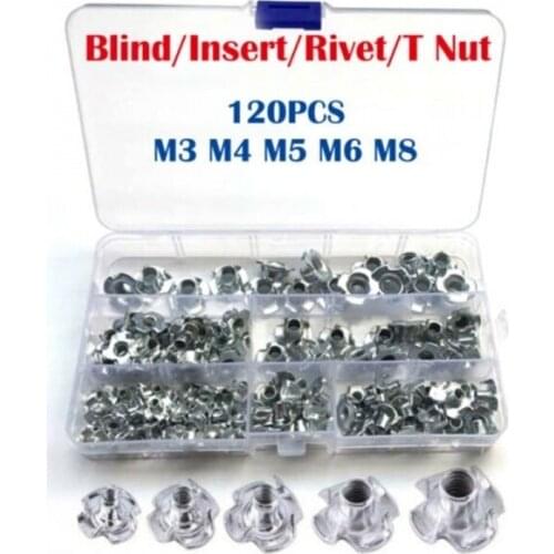120pcs M3 M4 M5 M6 M8 Zinc Plated Four Claws Nut Speaker Nut T-nut Blind Pronged Tee Nut Furniture Hardware