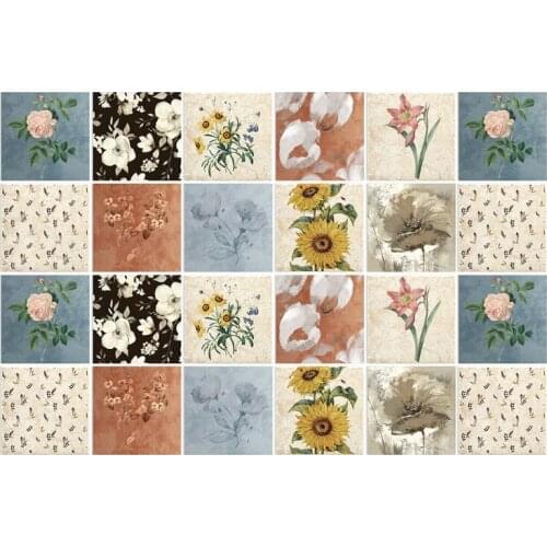 20x20cm 24pcs Flowers Art Peel Stick Wall Sticky Backsplash Floor Stair Stickers Waterproof Removable Tile Decals for Bathroom