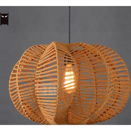 50cm Handmade Hemp Rope Pumpkin Shade Pendant Light Cord Fixture Vintage Industrial Retro Art Deco American Style Pedant Lamp