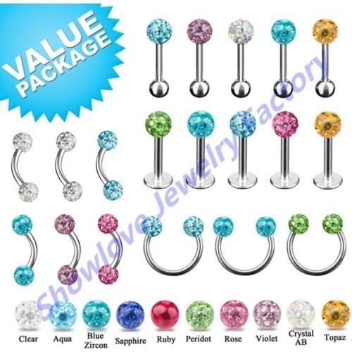 Showlove-40pcs/lot Mixed Style Body Jewelry CZ Gem Labret Eyebrow rings,Horseshoe Barbell Rings Earring Piercing