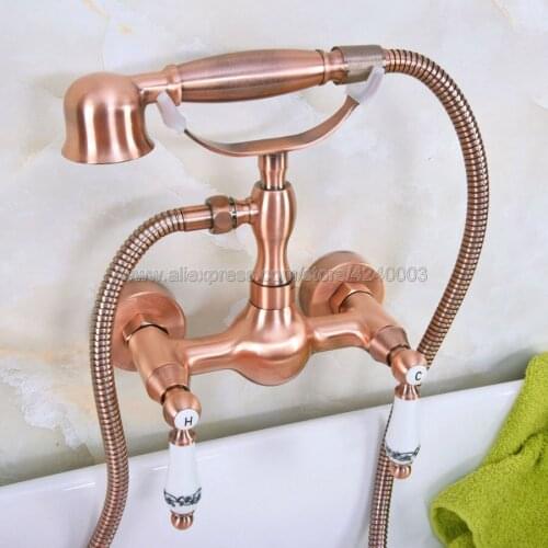 Antique Red Copper Bathroom Shower Faucet Bath Faucet Mixer Tap With Hand Shower Head Set Wall Mounted Kna306
