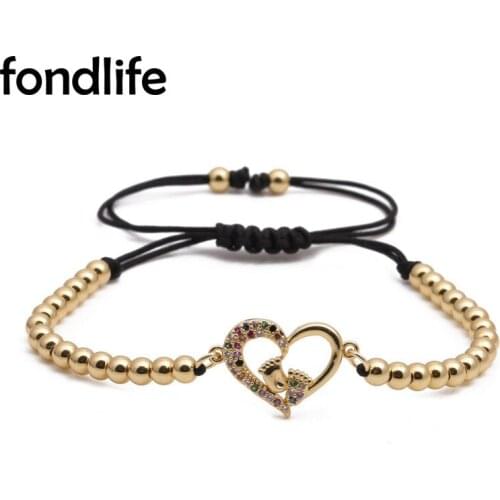 Shiny AAA Cubic Zirconia Crystal Love Heart Foot Print Charm Bracelet Women Gold-plated 4mm Brass Beads Black Cord Jewelry Gift