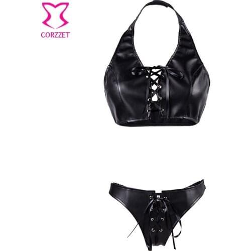 Halter Neck Lace Up Front Black Leather Bustier Bra Top And Panties Sexy Lingerie Set Erotic Underwear Women Club Pole Dancewear