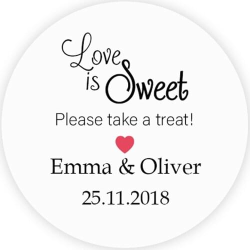 DouxArt 100 Pieces Custom Personalized, Love is Sweet Wedding Stickers, 40mm Wedding Communion Labels Envelopes Seals P129