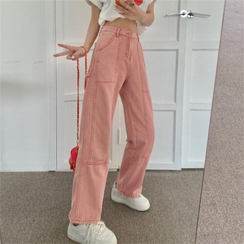 JMPRS Cute Pink Jeans Fashion Women Loose High Waist Straight Denim Pants Casual Pocket Cotton Fall 2021 Female Baggy Jeans