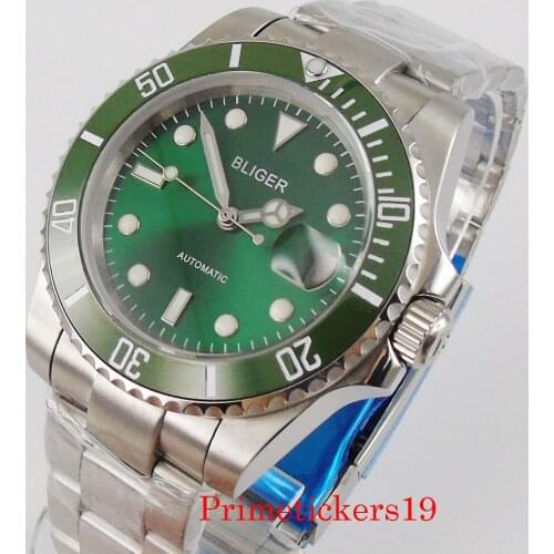 40mm sapphire crystal automatic men watch green dial auto date NH35 MIYOTA movement oyster strap rotating bezel