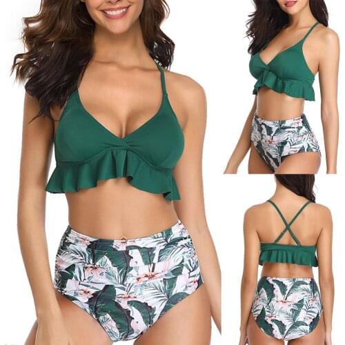 NEW Ruffled Bra Flower Leaves Print High Waist Women Bikini Set Two-piece Swimsuit