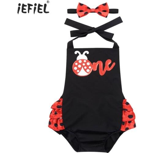 Baby Girl Clothes Summer Beetle Letters Printed Ruffled Baby Romper Bodysuit Cosplay Party Kid Clothes with Bowtie Headband
