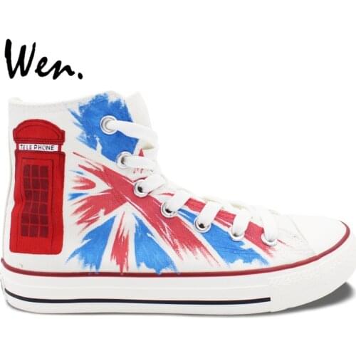 Wen Original Hand Painted Canvas Shoes Design Custom UK Flag Telephone Booth High Top Men Womens Canvas Sneakers