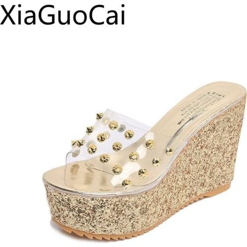 Summer Wedges Womens Slippers Rivet Round Slides Head Wedge Fashion Female Slippers Outside House Cute Slippers