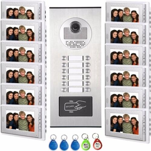 12 Units Apartment Intercom System Video Intercom Video Door Phone Kit HD Camera 7" Monitor with RFID keyfobs for 12 Household