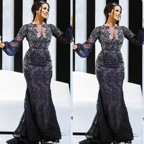 SuperKimJo Navy Blue Evening Dresses Long Mermaid Lace Applique Beaded Modest Evening Gown 2020 Abiti Da Cerimonia Da Sera