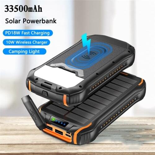 33500mAh Wireless Solar Power Bank Portable Charger 20W PD Fast Charging Powerbank for iPhone 12 11 Samsung S21 Xiaomi Poverbank