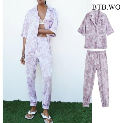 BTB.WO Za Womens Sets 2021 Fashion Print Casual Blouse Chic Shirt And High Waist Pants Casual Trousers 2 Pieces Set