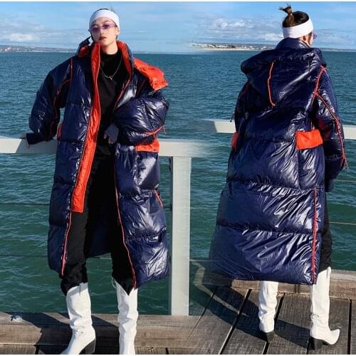 Womens down jacket with big pockets, long, over-the-knee loose, thick, warm, stylish, contrast color, hooded zipper jacket