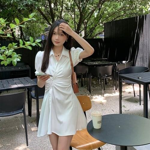 2021 New Summer Shirt Dresses Female Fashion Self-Cultivation Asymmetric Satin Dress Womens High Waist Shinsen Dresses Ladies