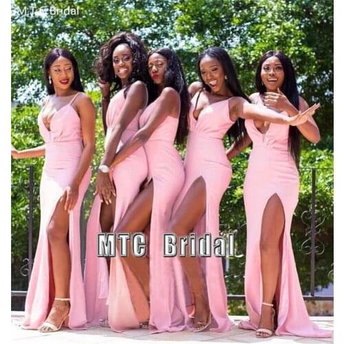 Sexy Pink Mermaid Long African Bridesmaid Dresses With High Slit Spaghetti Straps Wholesale Maid Of Honor Gown Plus Size