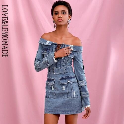 LOVE & LEMONADE Sexy Off Shoulder Cut Out Long Sleeve Denim Dress (With Belt) LM90200