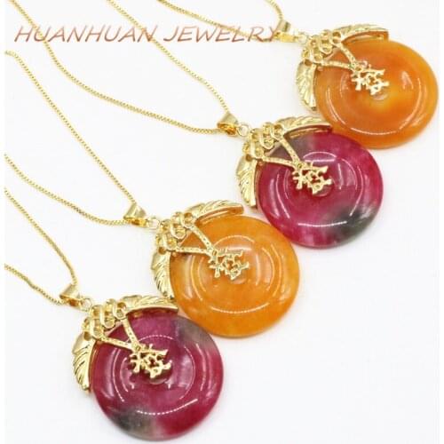 Gold-Color Stainless Steel Chain Necklace Pendant Natural Gem Stone 30mm Jades Coin Pendulum Reiki Chakra Pendants Jewelry B3364