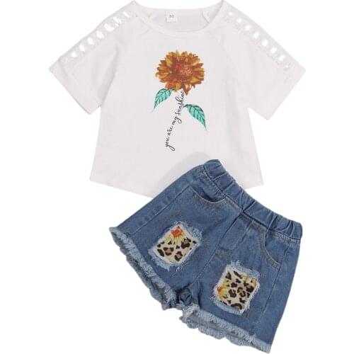 2021 1-6Y Toddler Girls Casual Clothes Set Floral Printed Pattern Hollow Short Sleeve T-shirt+Leopard Patch Denim Shorts Summer
