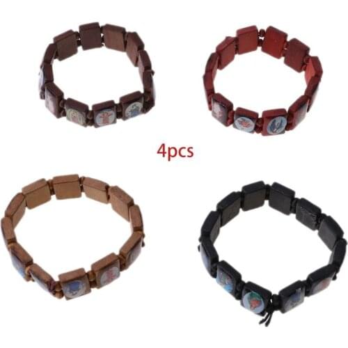 4Pcs Catholic Jewelry Christian Supplies Wooden Icon Elastic Bead Bracelet Gift
