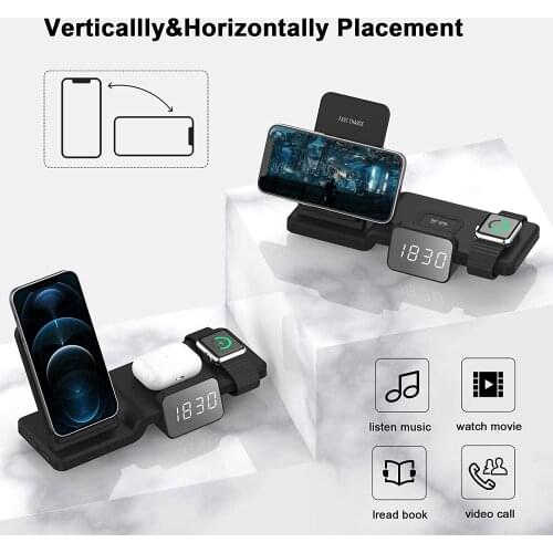 4 in 1 Wireless Charger Stand Compatible with iPhone 11/11 Pro/X/Xr/Xs/8 Digital Clock,AirPod Pro/2 Charger QC 3.0 Adapter DD