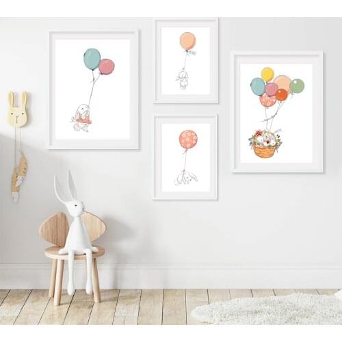 Watercolor Cartoon Bunny Balloon Flower Basket Wall Art Canvas Painting Nordic Posters And Prints Wall Pictures Kids Room Decor