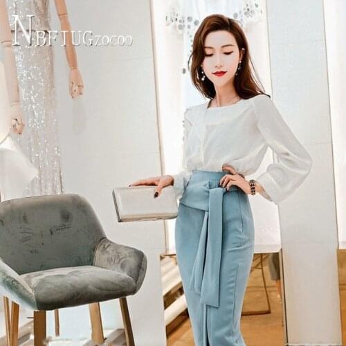 White Blouse+Blue Skirt White Blouse+black Skirt Women Sets