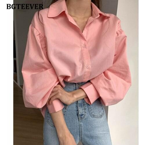 BGTEEVER Spring Summer Fashion Blouse Chic Lantern Sleeve Loose Female Single-breasted Shirts 2021 Elegant Women Blouses Tops