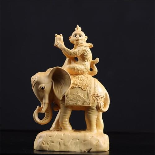 Boxwood 13cm Monkey and Elephant Sculpture Lucky Wood Wealth Statue Rich Feng Shui Home Decor