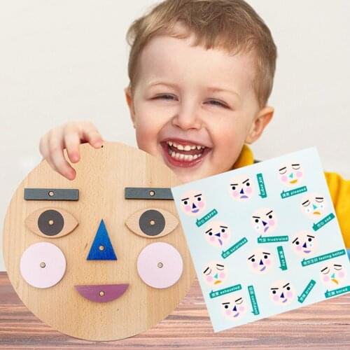 Wooden Emotion Cognition Blocks Face Changing Expression Panel Preschool Stack and Sort Geometric Board Blocks for Kids