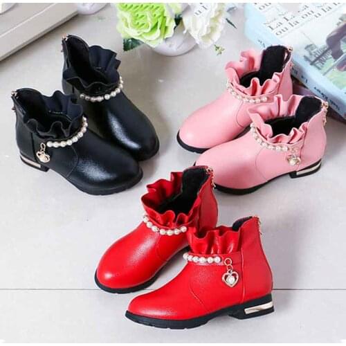 Childrens Leather Ankle Boots Pearl Chain Lace Shorts Boots for Princess Girls Casual Flat Black Red Slip-resistant Dress Shoes