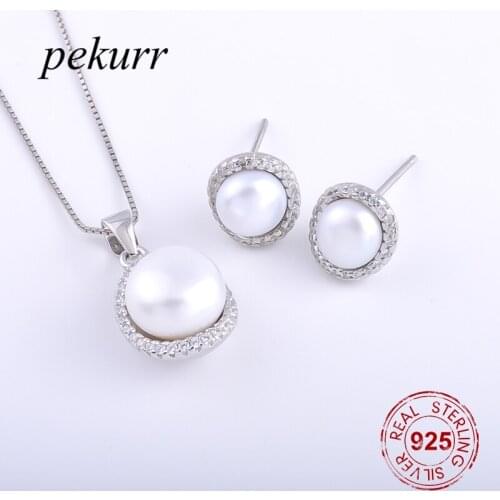 Pekurr 925 Sterling Silver Zircon Spoon Shell Freshwater Natural Pearl Earrings Necklace Sets For Women Round Pendants Jewelry
