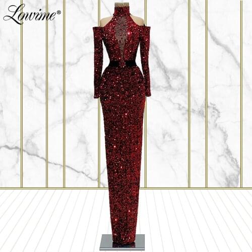 Lowime Burgundy Evening Gown Plus Size Crystal Sequins Party Dress Middle East Arabic Evening Wear Mermaid Prom Dresses Long