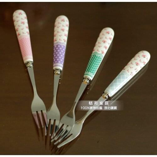 Cute Rose Polka Dot Ceramic Handle Fruit Fork Fashion Stainless Steel Fork Portable Tableware Cake Dessert Fork Free Shipping