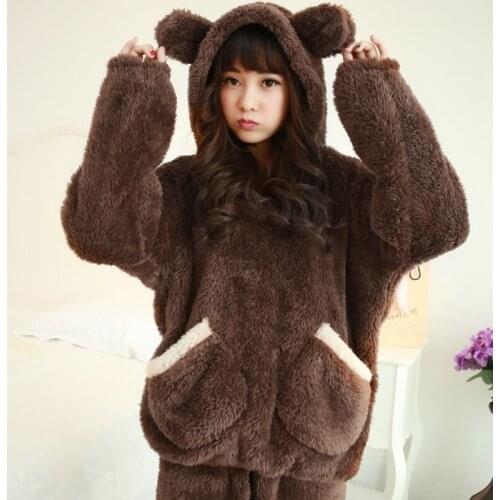 Autumn winter plus size flannel pajamas thick women sleepwear female coral fleece cartoon pajama sets bear with hat