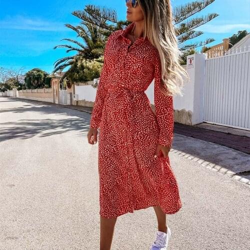 Elegant Floral Printed Shirt Dress Women Long Sleeve High Waist Mid-length Dresses Female 2021 Spring Summer Boho Womens Dress