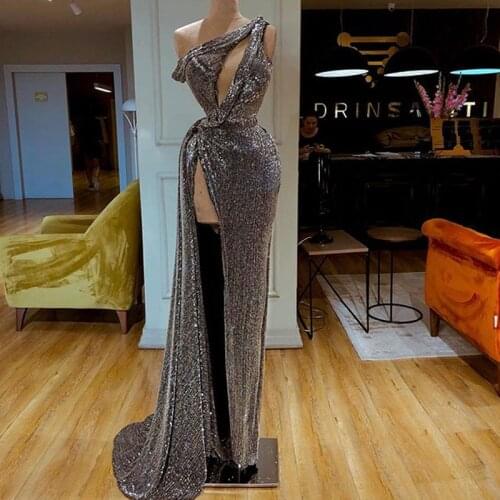 Sequined Prom Dresses Sparkly One Shoudler Mermaid Thigh Split Evening Gowns Formal Pageant Party Dress vestidos de novia