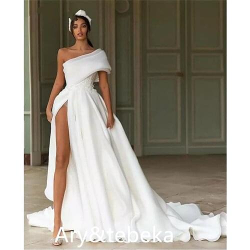 A-Line Wedding Dresses One Shoulder Sweep / Brush Train Chiffon Over Satin Short Sleeve Simple Modern with Split Front 2021