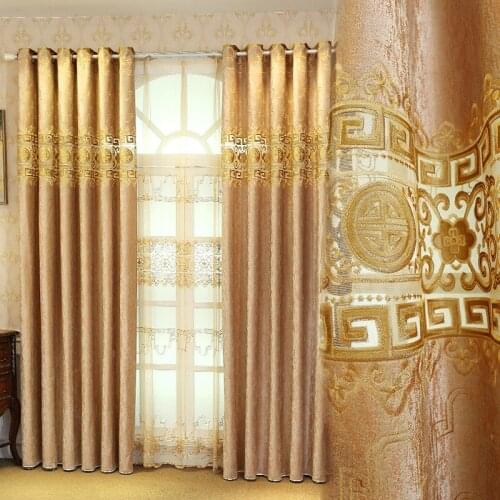 High Grade Chinese Curtains for Living Room Bedroom Classical Decoration Flannel Golden Coffee Hollow Embroidered Curtains Tulle