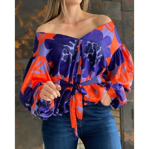 Summer Women Colorblock Lantern Sleeve Tied Detailed Top 2021 Femme Solid Off Shoulder y2k Blouse Office Lady Clothing Tunic