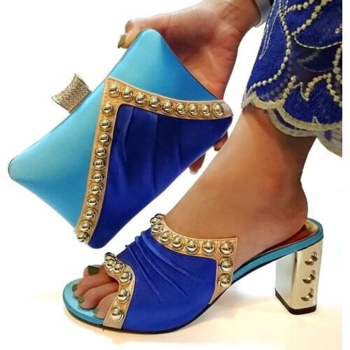 Blue Color African Women Matching Italian Shoes and Bag Set Decorated with metal rivet decoration Italian Ladies Shoe and Bag