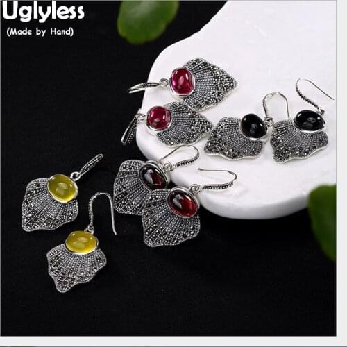 Uglyless 100% Genuine Solid 925 Thai Silver Earrings for Women Handmade Leaves Earrings Vintage Exotic Chalcedony Fine Jewelry